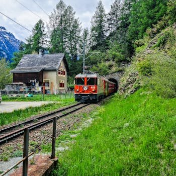 Swiss train traveling through landscape